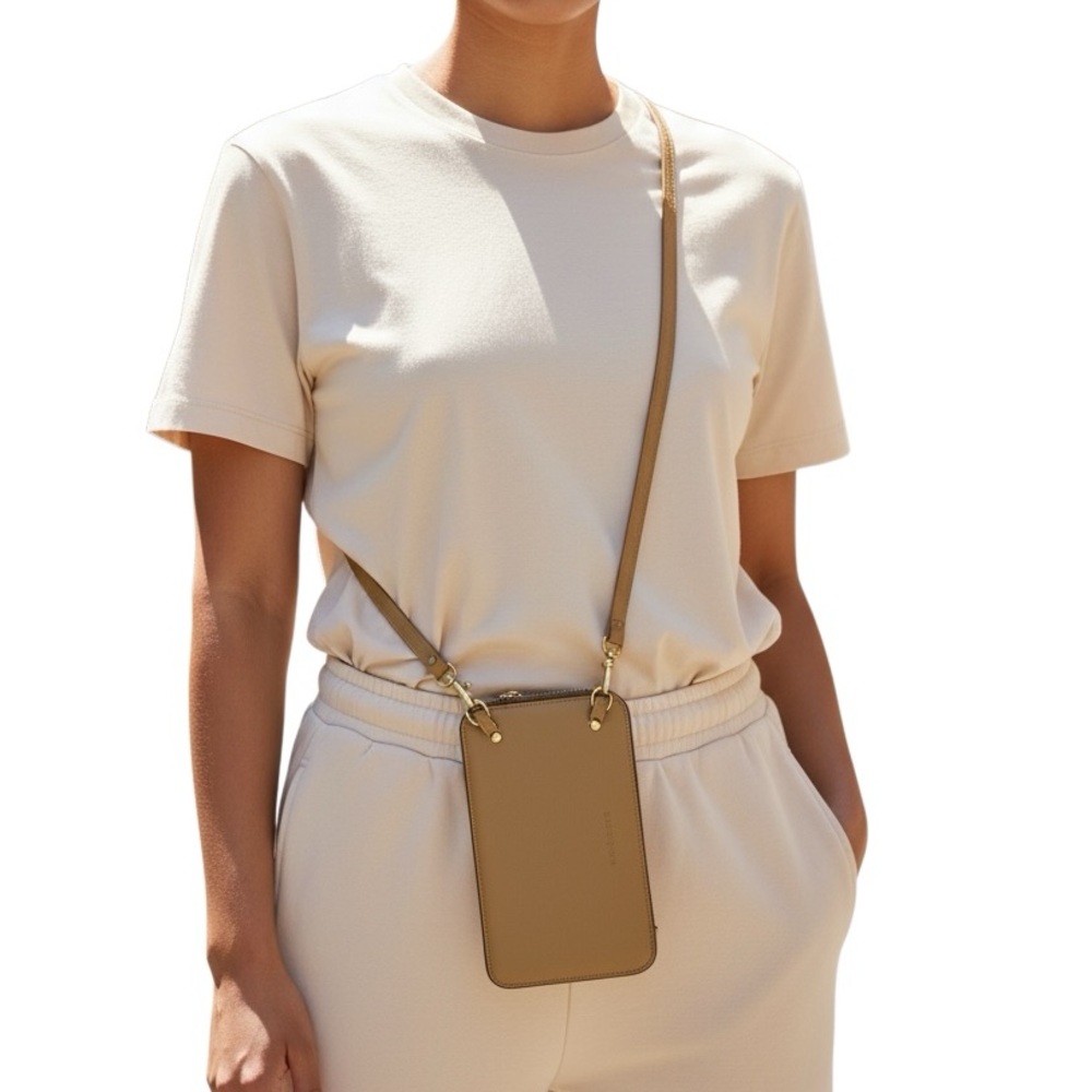 Bandolier Tan Leather Crossbody Phone Bag with Gold Hardware